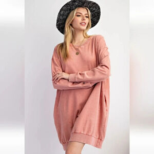 Easel Mineral Washed Cotton Knit Long Sleeve Pullover Dress New